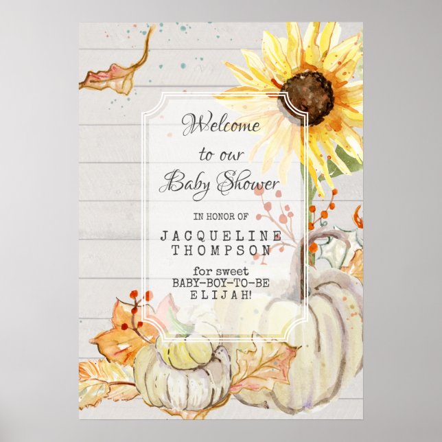 Baby Boy Dusche Willkommen Fall Pumpkin Sonnenblum Poster (Vorne)
