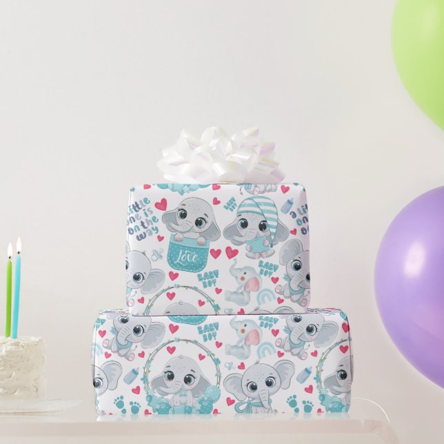 Baby Boy Elephant Cute Blue Baby Shower Baptism  Geschenkpapier (Partygeschenke)