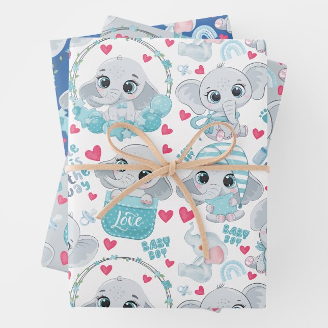 Baby Boy Elephant Cute Blue Baby Shower Baptism  Geschenkpapier Set (Beispiel)