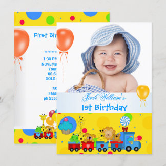 Baby Boy Erster Geburtstag 1. Zug Blau Gelb Einladung