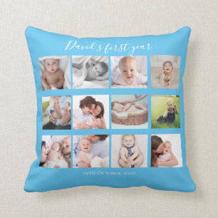 Baby Boy erstes Jahr Foto Collage Geschenk Blau Kissen