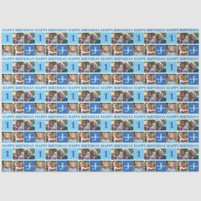 Baby Boy Erstgeburt Niedlich Blue Foto Collage Seidenpapier (Vorderseite)