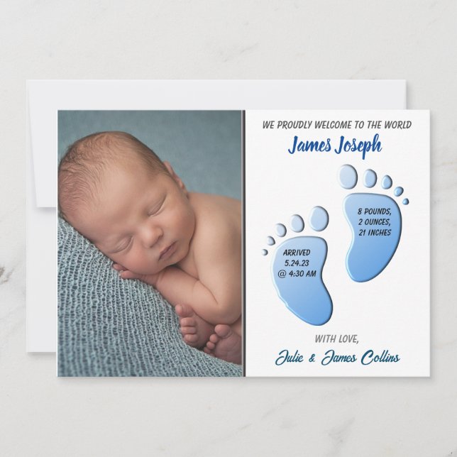 Baby Boy Feet Flat Announccard Ankündigung (Vorderseite)