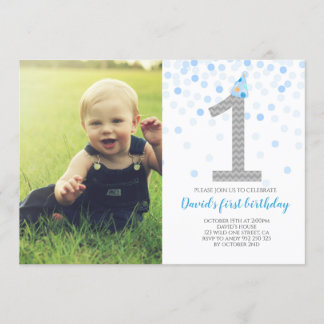 Baby Boy First Birthday Blue Confetti Foto Einladung