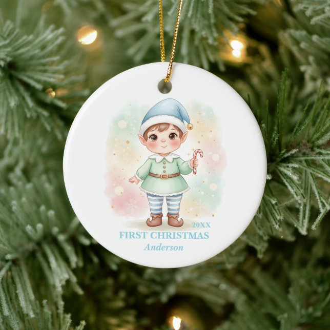 Baby Boy First Christmas Blue Elf Photo Keramik Ornament (Baum)