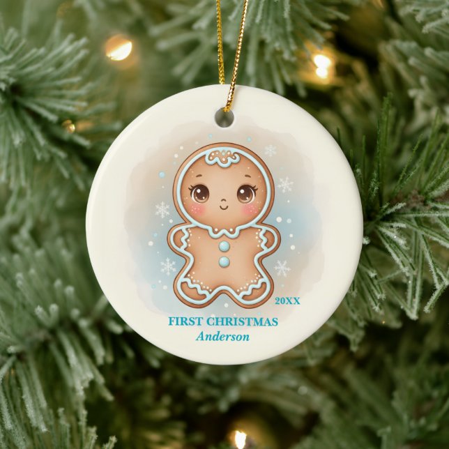 Baby Boy First Christmas Blue Gingerbread Photo Keramik Ornament (Baum)