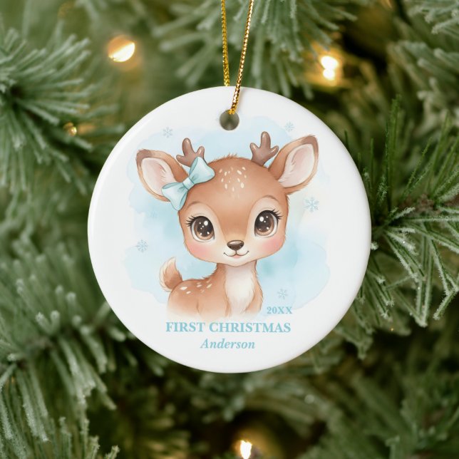 Baby Boy First Christmas Blue Reindeer Photo Keramik Ornament (Baum)