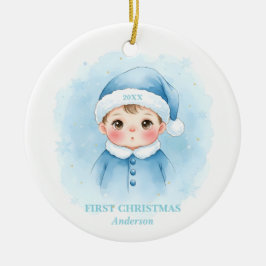 Baby Boy First Christmas Blue Santa Photo Keramik Ornament