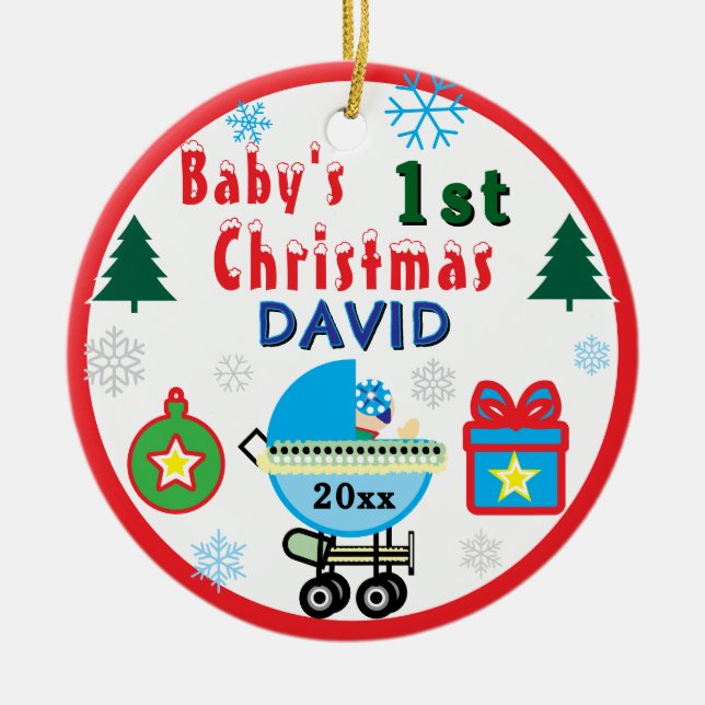 Baby Boy First Christmas Blue White Carriage NAME Keramik Ornament (Vorne)