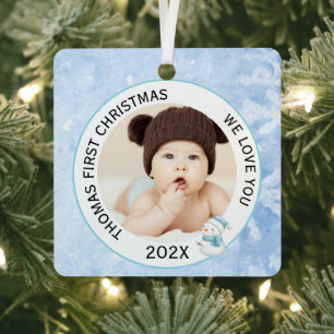 Baby Boy First Christmas Foto Icy Blue Ornament Aus Metall