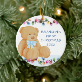 Baby Boy First Christmas Lights Teddy Bear Foto Keramik Ornament