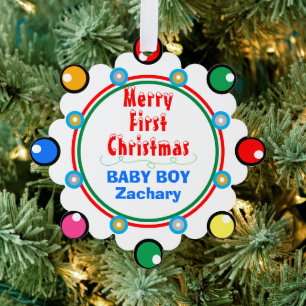 Baby Boy First Christmas Red Green Blue Ornament Karte
