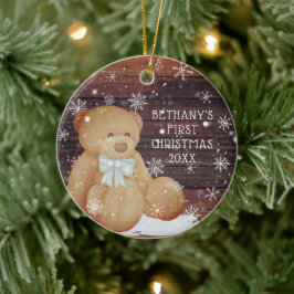 Baby Boy First Christmas Teddy Bear Wood Schnee Keramik Ornament