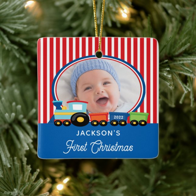 Baby Boy First Christmas Train Foto Keramik Ornam Keramikornament (Baum)