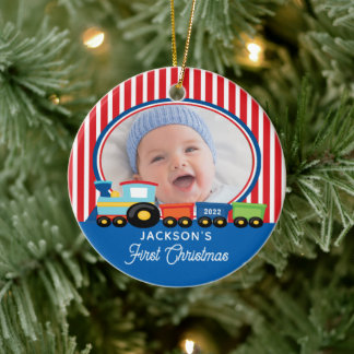 Baby Boy First Christmas Train Foto Keramik Ornament