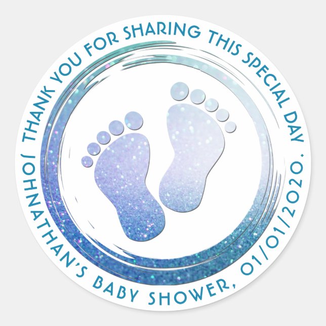 Baby Boy Footprint Glittering Baby Dusche Gefallen Runder Aufkleber (Vorderseite)