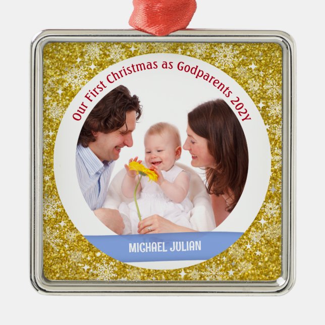 Baby Boy Foto 1. Weihnachten als Godeltern Golden Ornament Aus Metall (Vorne)
