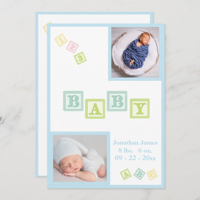 Baby Boy Foto ABC Blocks Blue Newborn Birth Ankündigung (Vorne/Hinten)