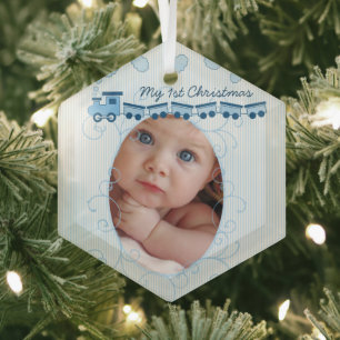 Baby Boy Foto Blue Choo Choo Train Birth Record Ornament Aus Glas