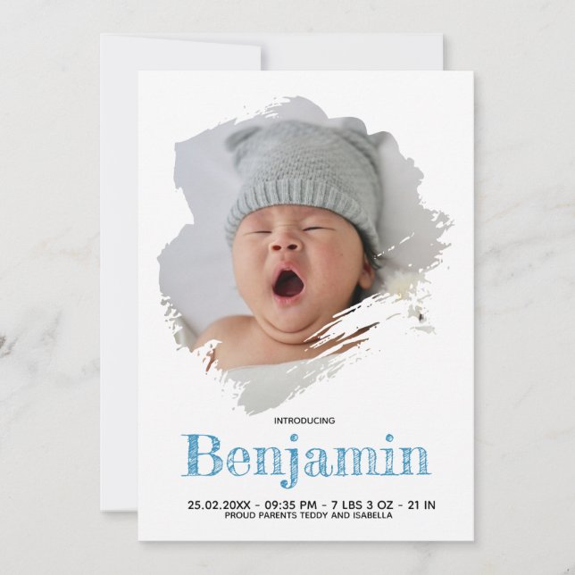 Baby Boy Foto Blue Script White Stripe Birth Ankündigung (Vorderseite)