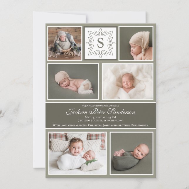 Baby Boy Foto Collage Olive Green Monogram Birth Ankündigung (Vorderseite)