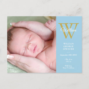 Baby Boy Foto Collage Script Monogram Blue Birth Ankündigungspostkarte