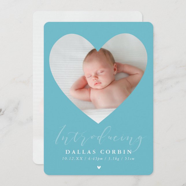 BABY BOY führt Foto niedlicher Herzrahmen Aqua ein Einladung (Vorne/Hinten)