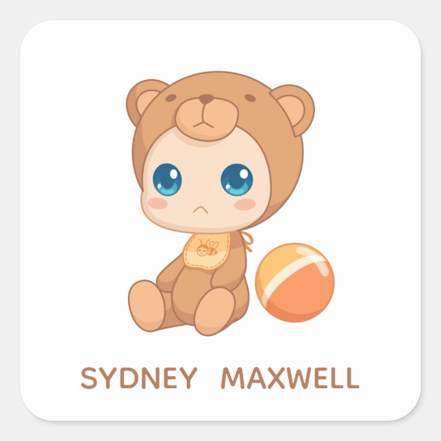 Baby Boy Girl Bear Jumpsuit Individuelle Name Quadratischer Aufkleber (Vorderseite)