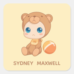 Baby Boy Girl Bear Jumpsuit Individuelle Name Yell Quadratischer Aufkleber
