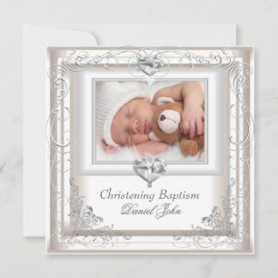 Baby Boy Girl Cream Christening Taufkreuz Einladung