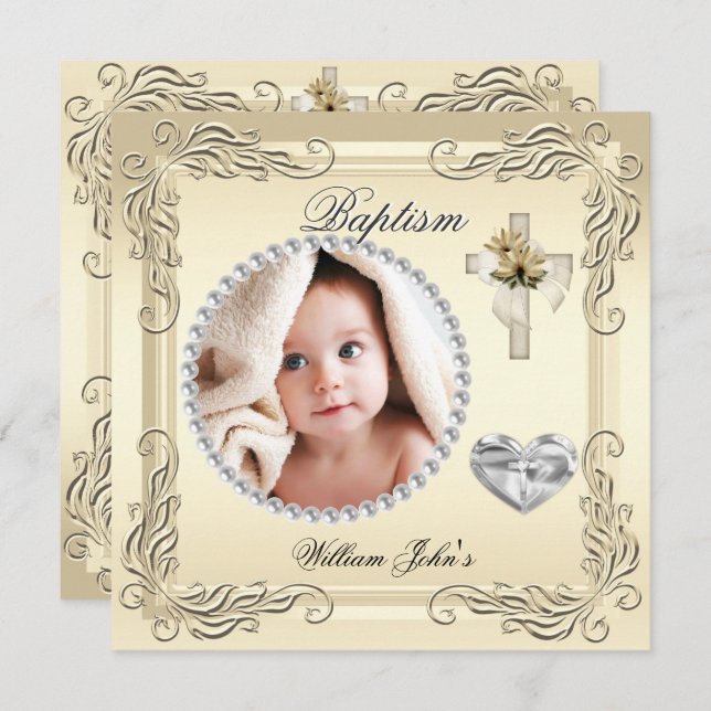 Baby Boy Girl Gold Cream Christening Taufkreuz Einladung (Vorne/Hinten)