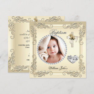 Baby Boy Girl Gold Cream Christening Taufkreuz Einladung