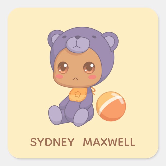 Baby Boy Girl Lila Bear Jumpsuit Individuelle Name Quadratischer Aufkleber (Vorderseite)