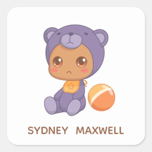 Baby Boy Girl Lila Bear Jumpsuit Individuelle Name Quadratischer Aufkleber