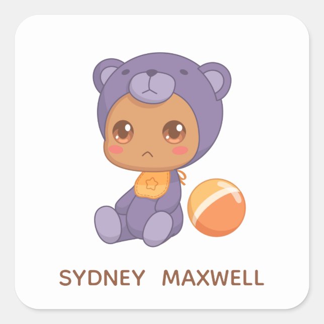 Baby Boy Girl Lila Bear Jumpsuit Individuelle Name Quadratischer Aufkleber (Vorderseite)