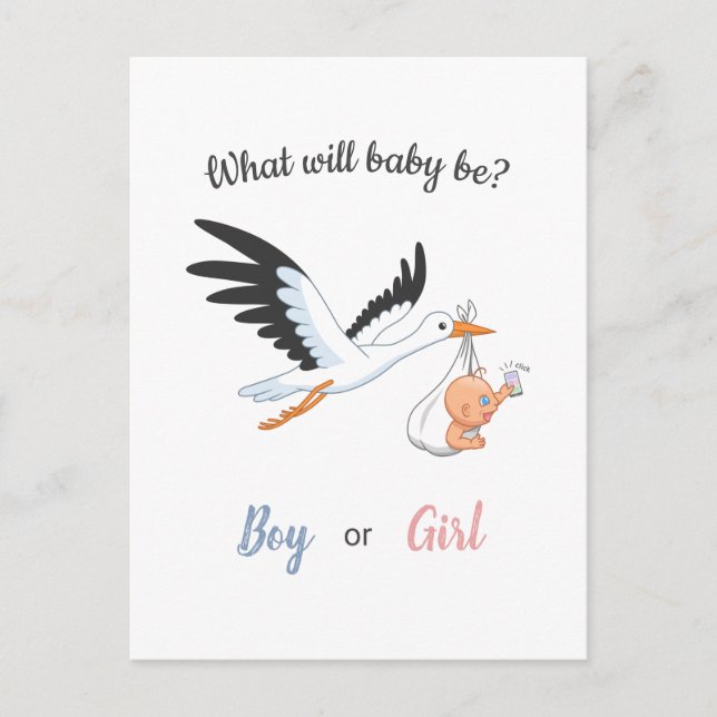 Baby Boy Girl Stork Gender Reveal Party Einladung Postkarte (Vorderseite)