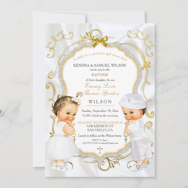 Baby Boy & Girl Twins Taufe Christening Gold Einladung (Vorderseite)
