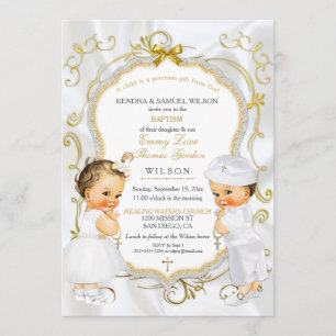 Baby Boy & Girl Twins Taufe Christening Gold Einladung