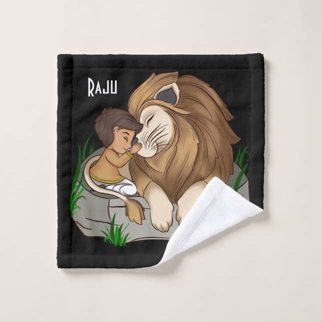 Baby boy hugging a cute lion Handdoek Badhandtuch Set (Waschlappen)