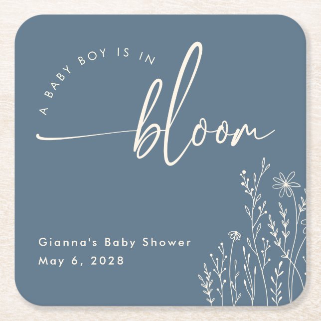 Baby Boy in Bloom - Dusty Blue Baby Shower Unterse Rechteckiger Pappuntersetzer (Vorderseite)