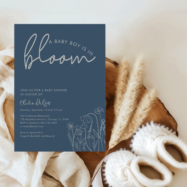 Baby Boy in Bloom Topaz Blue Wildflower Baby Showe Einladung (A Baby Boy is in Bloom" Topaz Blue Wildflower Line Art Baby Shower Invitation)