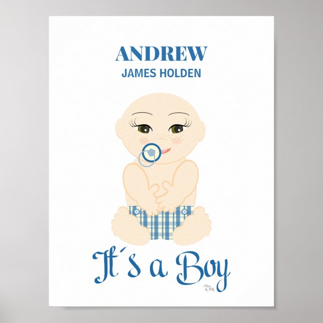 Baby Boy in Blue Shades Birth Stat Design Poster (Vorne)