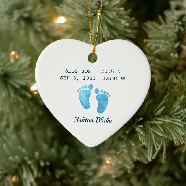 Baby Boy Keepake Neugeborene Kunst Ornament (Baby Boy Keepsake Newborn Stats Heart Ornament Watercolor Footprints)