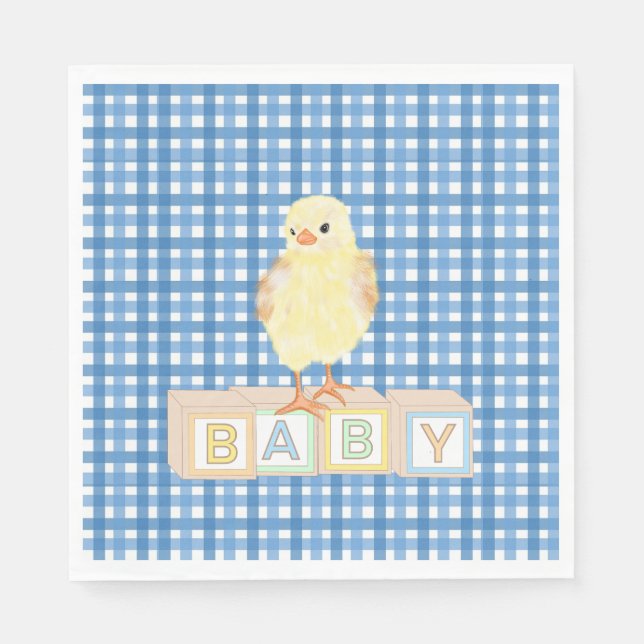 Baby Boy Little Chick Blue Gingham Serviette (Vorderseite)