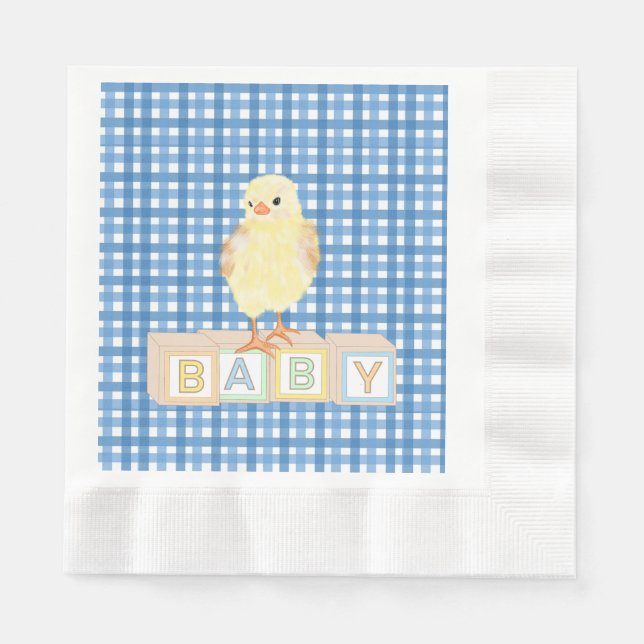 Baby Boy Little Chick Blue Gingham Serviette (Vorderseite)
