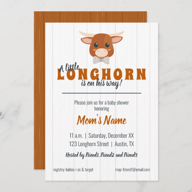 Baby Boy Longhorn Burnt Orange Babydusche Einladung (Vorne/Hinten)