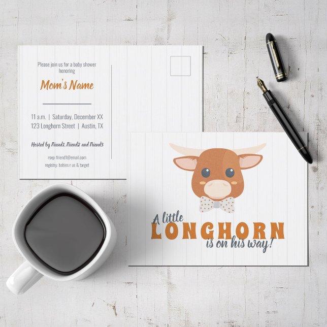 Baby Boy Longhorn Burnt Orange Babydusche Einladungspostkarte (Von Creator hochgeladen)
