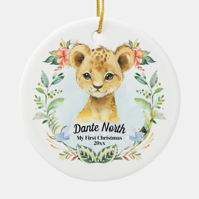 Baby Boy Mein erstes Weihnachts-Wasserfarben-Löwen Keramik Ornament (Vorne)