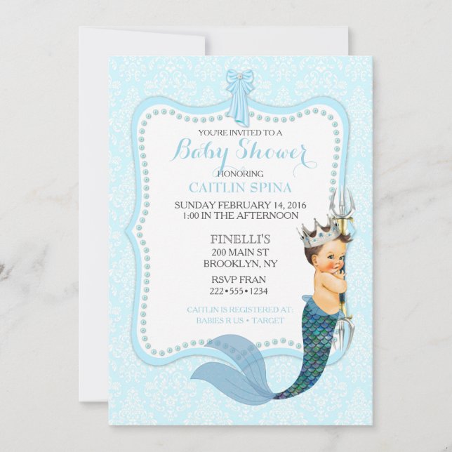 Baby Boy Merman Merboy Prince Crown Damask Invitat Einladung (Vorderseite)
