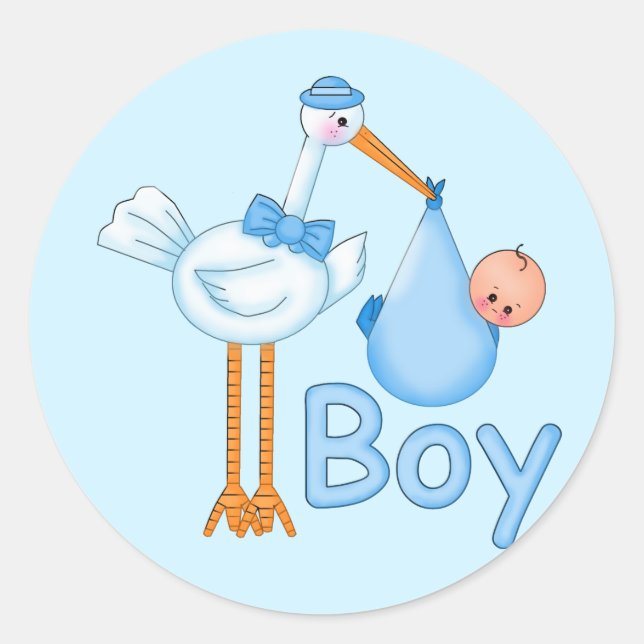 Baby Boy mit Stork Runder Aufkleber (Vorderseite)